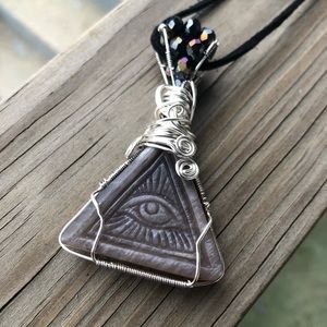 Wire Wrapped Moonstone All Seeing Eye Triangle Crystal Pendant Necklace